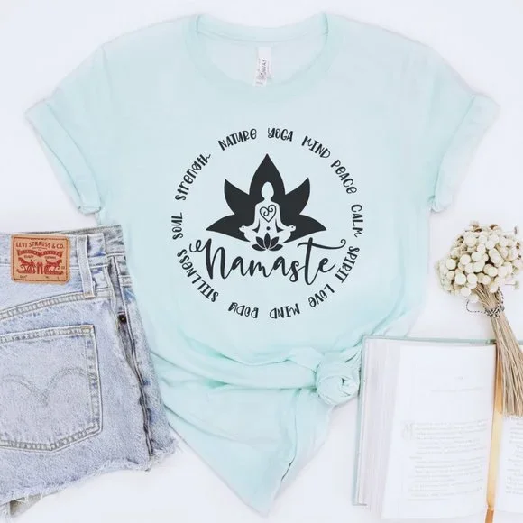 Namaste Graphic T-shirt, Yoga Shirt, Unisex Yoga Tee - Heather Ice Blue - Picture 1 of 2
